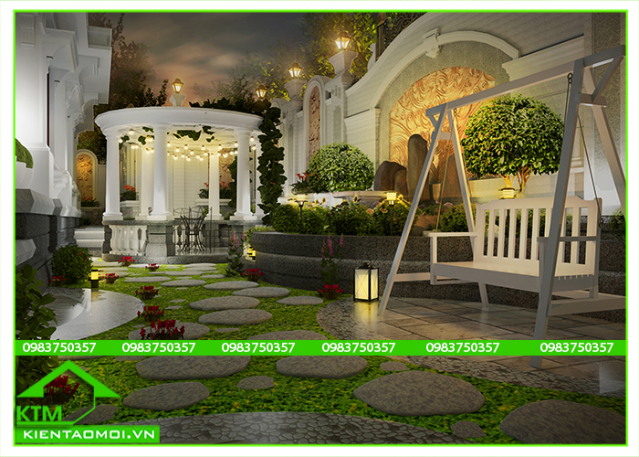 Mẫu thiết kế sân vườn đẹp với hàng rào, xích đu, tiểu cảnh tại KTM Bảo Lộc, Đà Lạt.